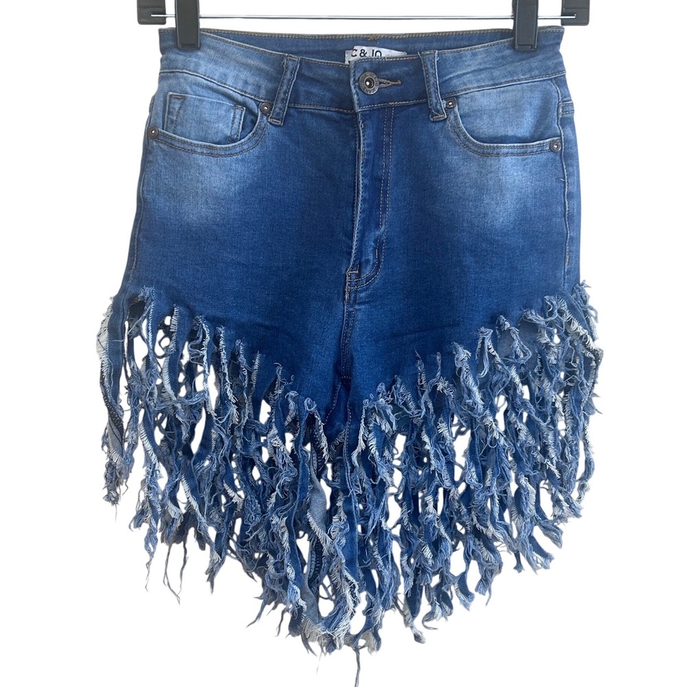 JC & JQ Blue Denim High Waisted Fringe Tassel Shorts HS2309 Medium Wash Womens S